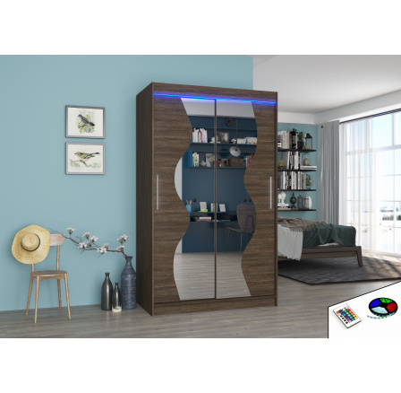 Tolóajtós szekrény tükörrel és LED világítással OSWALD 120 Choco+Choco