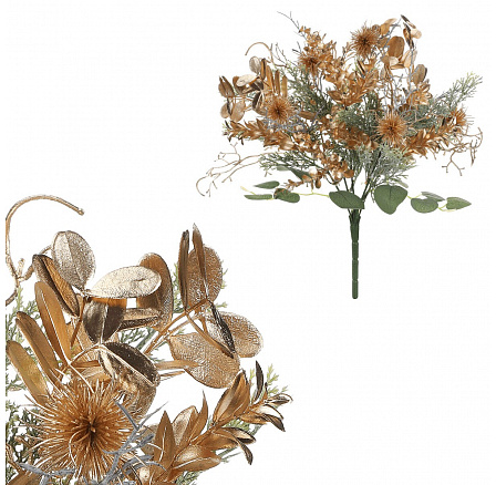 Műág - tuja, levelek és bogáncsok, zöld-arany színű Műág - tuja, levelek és bogáncsok, zöld-arany színű