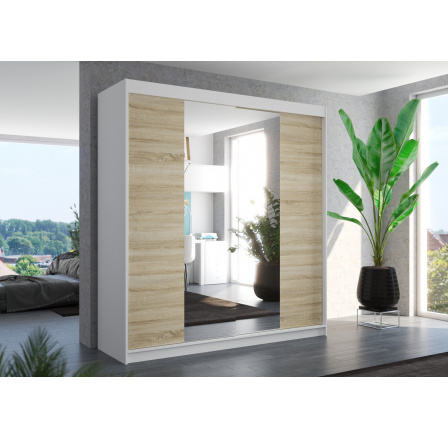 Tolóajtós szekrény tükörrel PERQS 200 Fehér+Sonoma