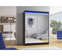 Tolóajtós szekrény tükörrel és LED világítással FLOREST 150 Fekete+Fekete