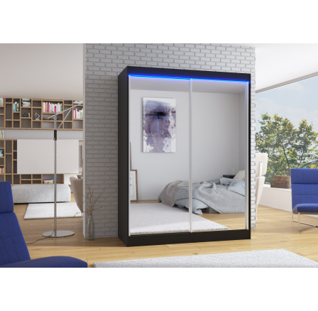 Tolóajtós szekrény tükörrel és LED világítással FLOREST 150 Fekete+Fekete