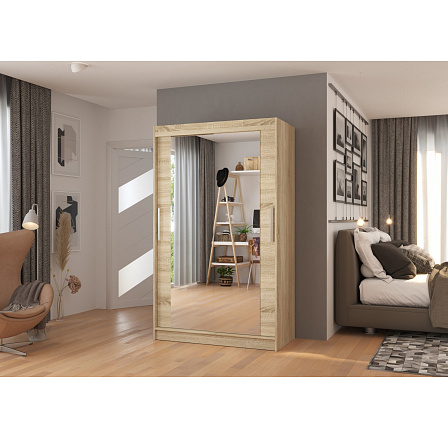 TIBAGO 120 Sonoma+Sonoma tolóajtós és tükrös ruhásszekrény