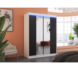 Tolóajtós szekrény tükörrel és LED világítással FEVER 150 Fehér+Fekete