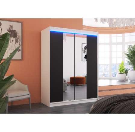 Tolóajtós szekrény tükörrel és LED világítással FEVER 150 Fehér+Fekete