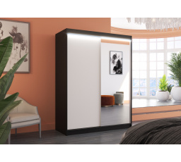 Tolóajtós szekrény tükörrel és LED világítással JORDI 150 Fekete+Fehér