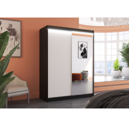 Tolóajtós szekrény tükörrel és LED világítással JORDI 150 Fekete+Fehér