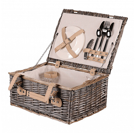 Piknikkosár - 2 személyes felszereléssel, fonott, szürke színű Piknikkosár - 2 személyes felszereléssel, fonott, szürke színű