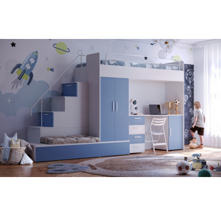 Vyvýšená postel PARADISE 5, Bílá Modrá mat