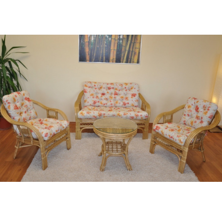 Ratanová sedací souprava Rio De Janeiro medová polstry motiv květiny