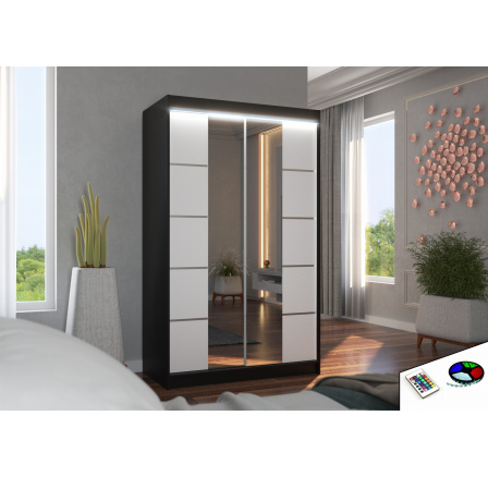 Tolóajtós szekrény tükörrel és LED világítással GENUA 120 Fekete+Fehér