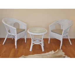 Ratanová sedací souprava Fabion bílá  polstry tmavě béžový melír