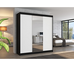 SANTIAGO 200 Tolóajtós és tükrös ruhásszekrény Fekete+Fehér
