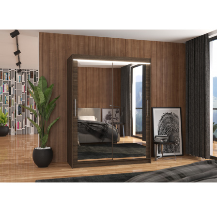 Tolóajtós szekrény tükörrel és LED világítással PERMO 150 Choco+Choco