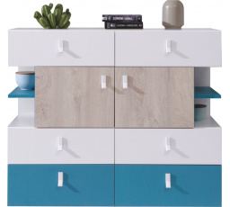 PLANET- PL8 komód, fehér lux+tölgy+kék