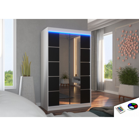 Tolóajtós szekrény tükörrel és LED világítással GENUA 120 Fehér+Fekete