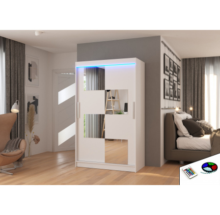 Tolóajtós szekrény tükörrel és LED világítással LUGANO 120 Fehér+Fehér