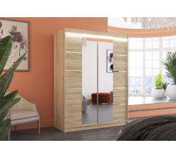 Tolóajtós szekrény tükörrel és LED világítással NORDIC 150 Sonoma+Sonoma