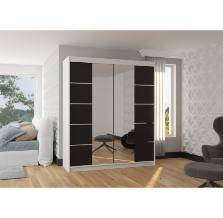 Tolóajtós szekrény tükörrel TRAVES 180 Fehér+Fekete