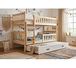 KUBUS 3 emeletes gyerekágy pótággyal 90x200 cm, matracokkal együtt, Természetes/Fehér