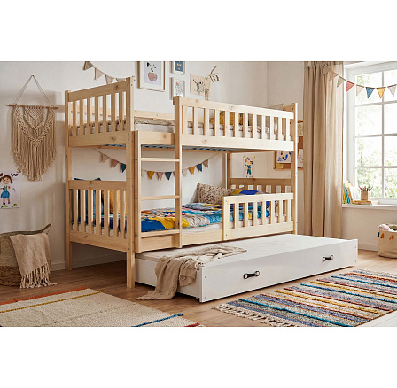 KUBUS 3 emeletes gyerekágy pótággyal 90x200 cm, matracokkal együtt, Természetes/Fehér