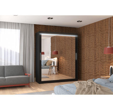 Tolóajtós szekrény tükörrel és LED világítással ETTORE 180 Fekete+Fekete