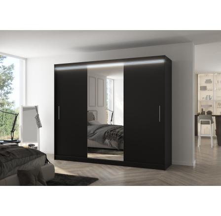 Tolóajtós szekrény tükörrel és LED világítással DENIS 250 Fekete+Fekete