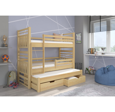 Háromszemélyes emeletes ágy HIPPO 180x80 Fenyő Természetes