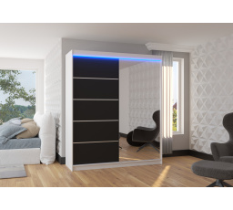 Tolóajtós szekrény tükörrel és LED világítással CARO 180 Fehér+Fekete