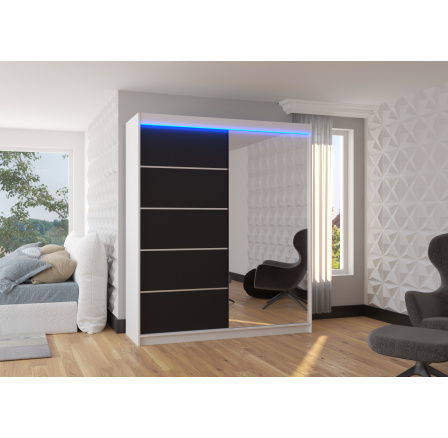 Tolóajtós szekrény tükörrel és LED világítással CARO 180 Fehér+Fekete