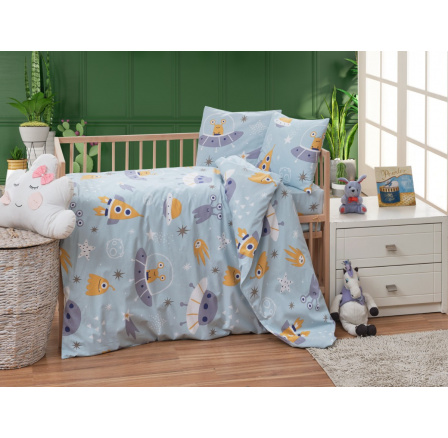 Krepové dětské povlečení do malé postýlky 90x135, 45x60 cm Vesmírné UFO zipový uzávěr