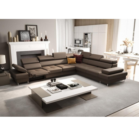 NAROŻNIK SKÓRZANY Z FUNKCJĄ SPANIA I RELAX GALAXY MAX 350x280 CM - Odcienie brązowego , prawa