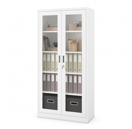 Fém szekrény üvegezett ajtókkal AMELIA, 900 x 1850 x 400 mm, fehér