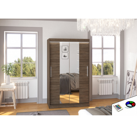 Tolóajtós ruhásszekrény tükörrel és LED világítással SANTOS 120 Choco+Choco