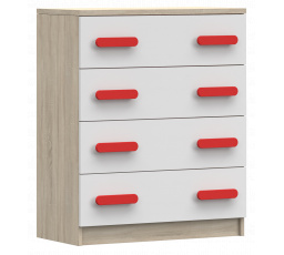 Komód 4S SMYK III - 02, Sonoma Tölgy/Fehér/Piros