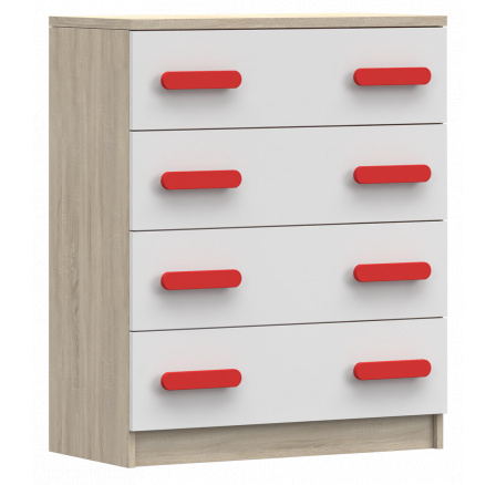 Komód 4S SMYK III - 02, Sonoma Tölgy/Fehér/Piros