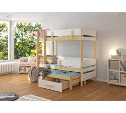 Háromszemélyes emeletes ágy matracokkal ETAPO 180x80 Természetes fenyő + Fehér