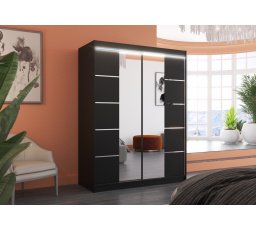 Tolóajtós szekrény tükörrel és LED világítással NORDIC 150 Fekete+Fekete