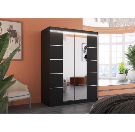 Tolóajtós szekrény tükörrel és LED világítással NORDIC 150 Fekete+Fekete