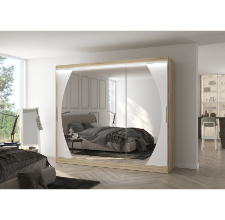 Tolóajtós szekrény tükörrel és LED világítással CAMBE 250 Sonoma+Fehér