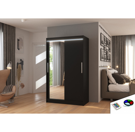 Tolóajtós szekrény tükörrel és LED világítással BARIO 120 Fekete+Fekete