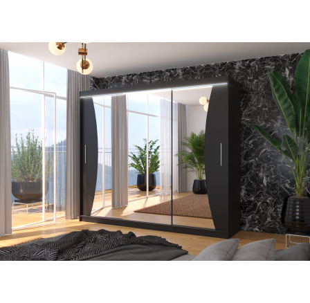 Tolóajtós szekrény tükörrel és LED világítással DIEGO 250 Fekete+Fekete