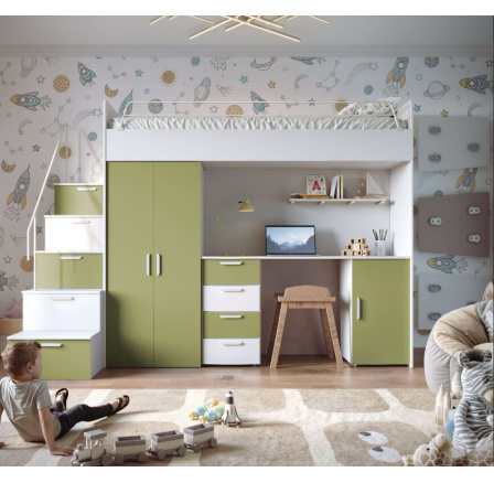 Patrová postel PARADISE 4S Bílá Zelená Oliva mat