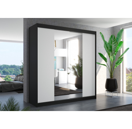 Tolóajtós és tükrös ruhásszekrény PERQS 200 Fekete+Fehér