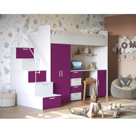 Patrová postel PARADISE 4S, Bílá Fialová lesk