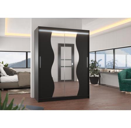 Tolóajtós szekrény tükörrel és LED világítással RENZO 150 Fekete+Fekete