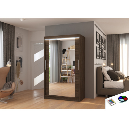 Tolóajtós szekrény tükörrel és LED világítással TIBAGO 120 Choco+Choco