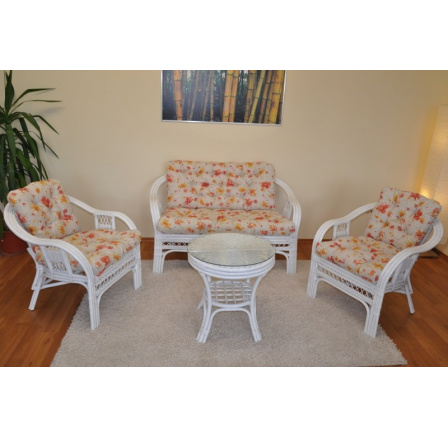 Ratanová sedací souprava Rio De Janeiro bílá polstry motiv květiny 