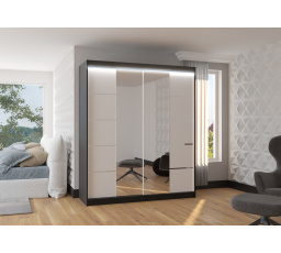 Tolóajtós szekrény tükörrel és LED világítással TRAVES 180 Fekete+Fehér