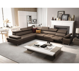 NAROŻNIK SKÓRZANY Z FUNKCJĄ SPANIA I RELAX GALAXY MAX 350x280 CM - Odcienie brązowego , lewa