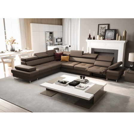 NAROŻNIK SKÓRZANY Z FUNKCJĄ SPANIA I RELAX GALAXY MAX 350x280 CM - Odcienie brązowego , lewa